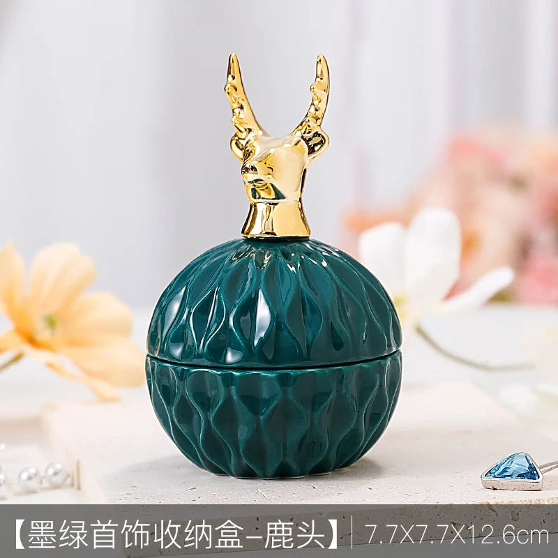 Nordic Dark Green Ceramic Animal Electroplating Ornaments Creative Girl Jewelry Ring Box Sealed Storage Box Hand Gift Mini Jar