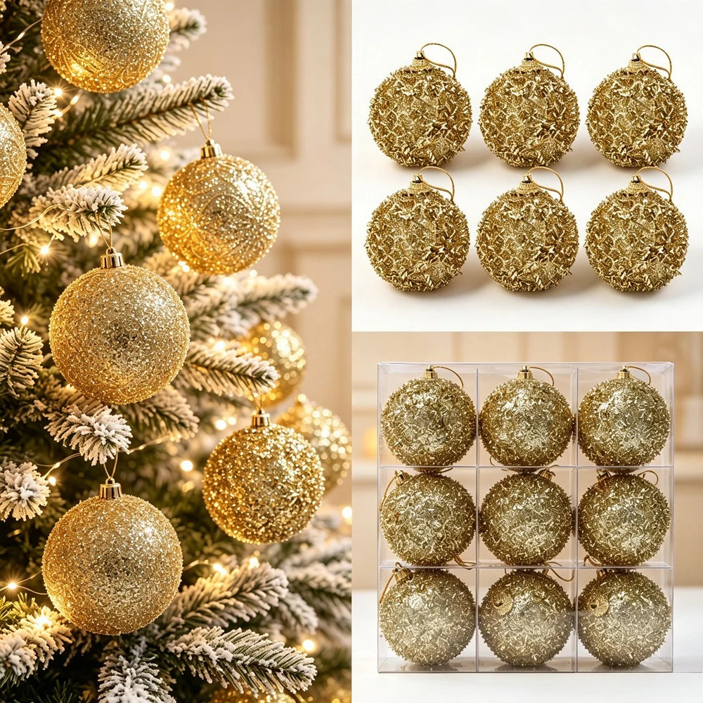 6Pcs 6cm Glitter Christmas Ball Xmas Tree Hanging Ornaments Gold Home Party Decoration Navidad New Year Holiday Gifts Set