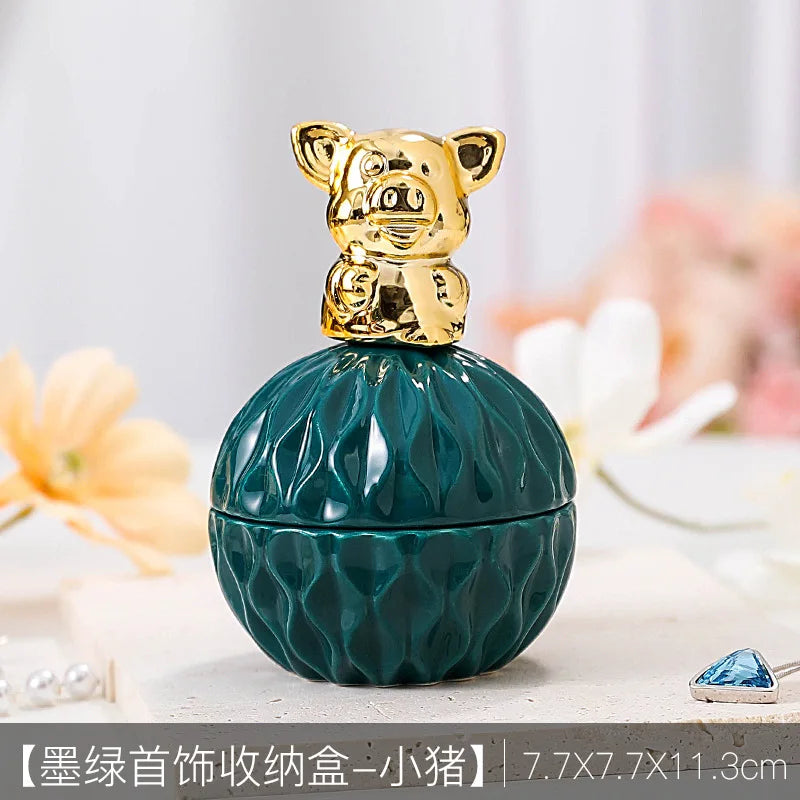 Nordic Dark Green Ceramic Animal Electroplating Ornaments Creative Girl Jewelry Ring Box Sealed Storage Box Hand Gift Mini Jar