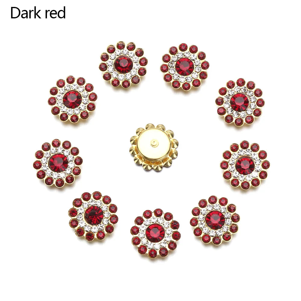 10PCS 14mm Flower-shaped Rhinestone Buttons Sparkling Crystal Glass Stone Steel Bottom Clothes Decoration Sewing Accessories