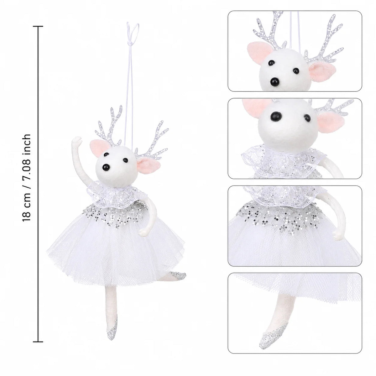 Christmas Reindeer Ballerina Ornaments, Pink White Tulle Dress Hanging Decorations for Tree, Party and Holiday Decor
