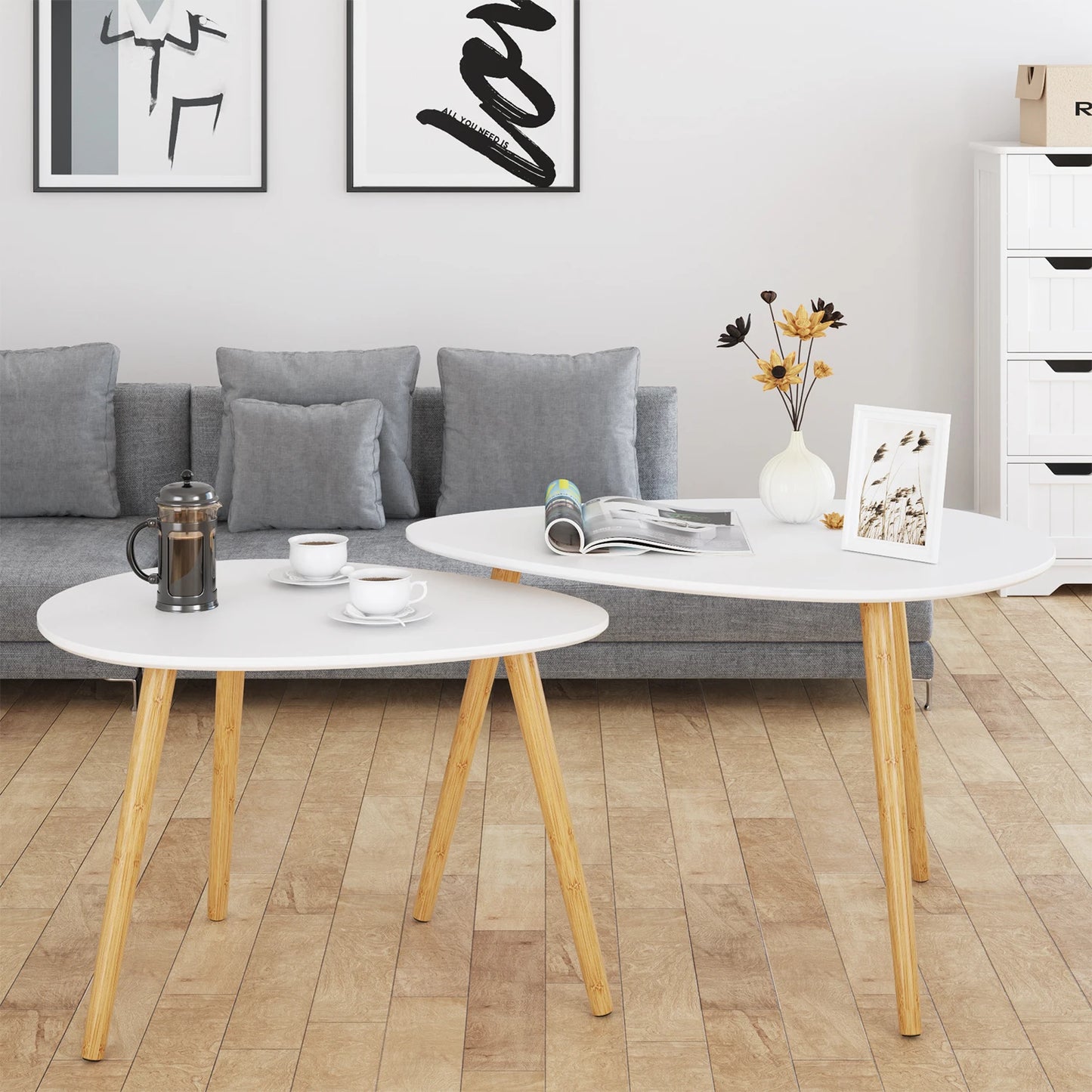 Getone Set of 2 Side Tables, Small Coffee Table, White Sofa Table, Nesting of Tables, Scandinavian End Table for Living Room Bedroom Office