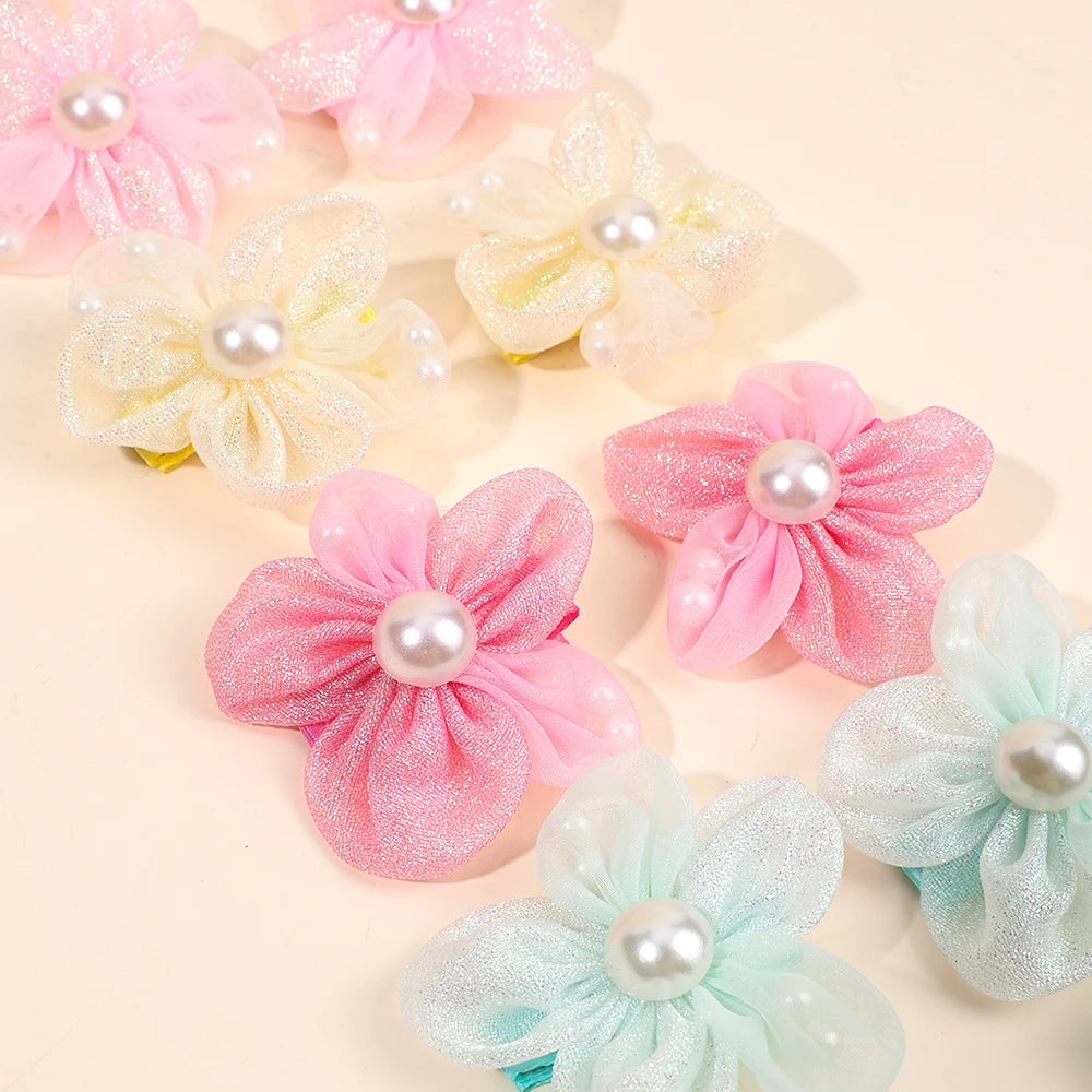 12Pcs Novelty Flower Hair Clips Sweet Pearl Filled Sparkling Rhinestone Hairpins For Girls Children's Headdress Hair Accessories