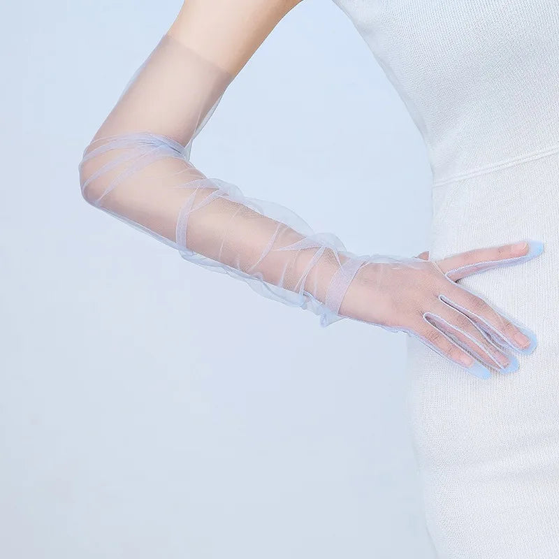 Women Long Sheer Tulle Gloves for Bridal Wedding Accessories Party Transparent Finger Gloves