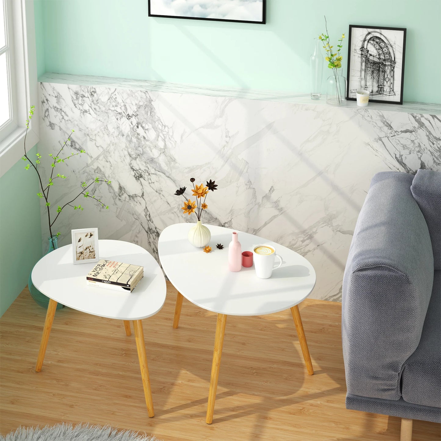 Getone Set of 2 Side Tables, Small Coffee Table, White Sofa Table, Nesting of Tables, Scandinavian End Table for Living Room Bedroom Office