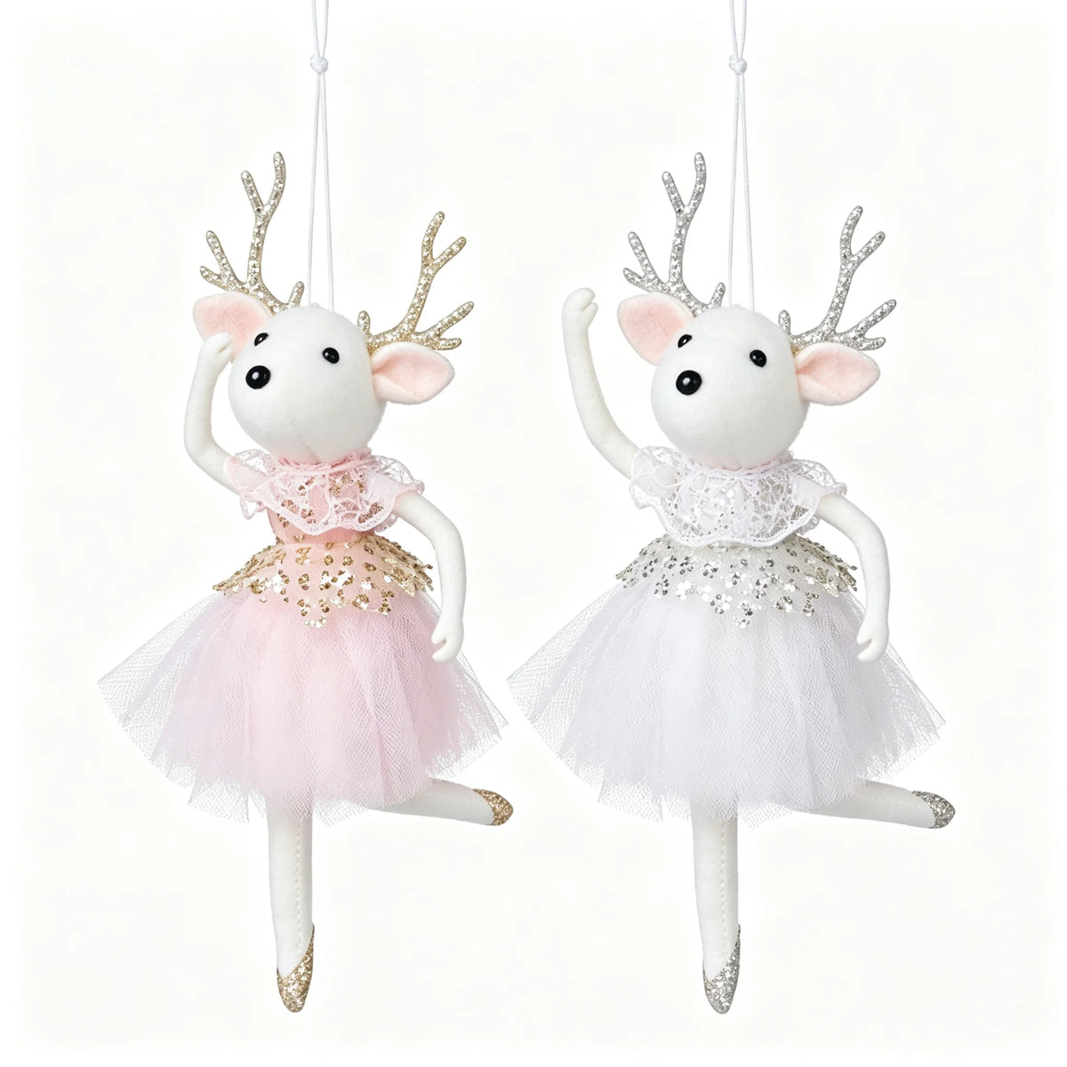 Christmas Reindeer Ballerina Ornaments, Pink White Tulle Dress Hanging Decorations for Tree, Party and Holiday Decor