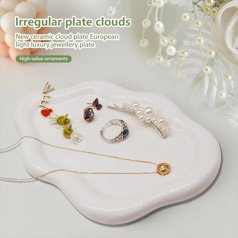 Jewelry Dish Creative White Cloud Shape Ceramic Plate Carving Plaster Decor Watch Keys Tray Holder Household Storage Ornament