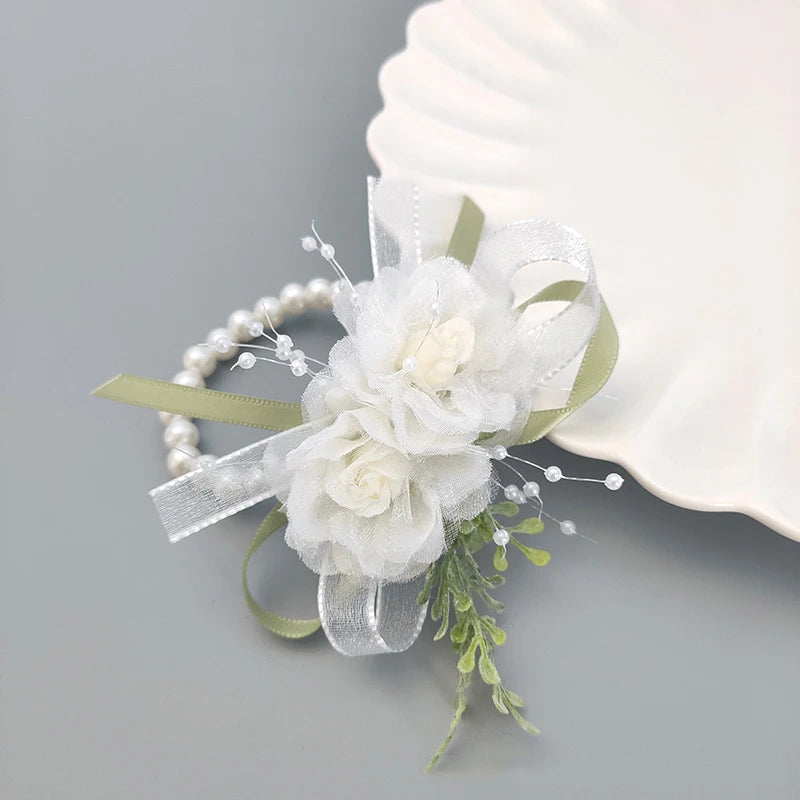 New Girl Bridesmaid Wrist Corsage Bridal Prom Party Boutonniere Satin Rose Brooch Bracelet Fabric Hand Flower Wedding Accessory