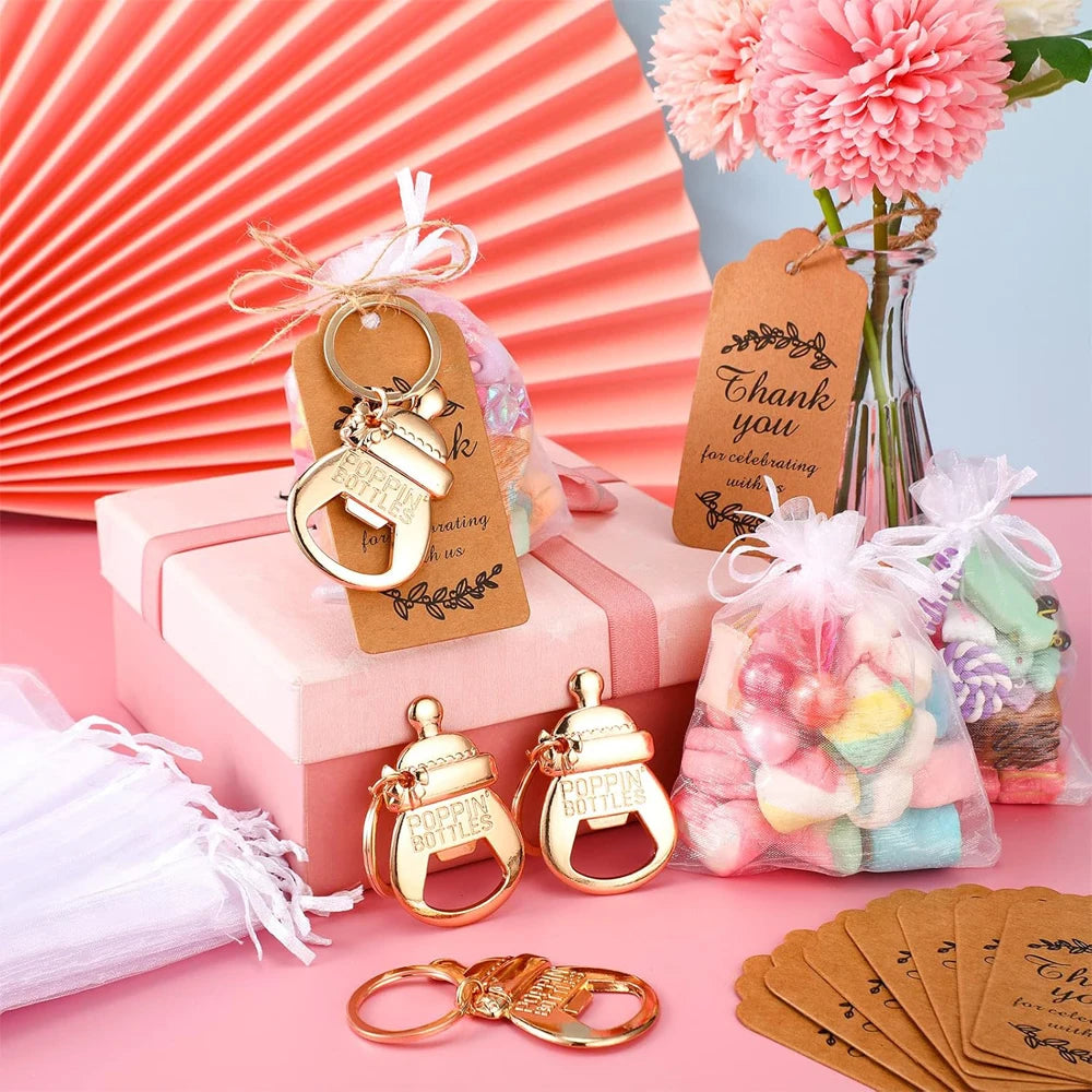 10 set baby shower gift set, bottle shaped opener with hard gauze bag commemorative keychain, thank you label themed party gift