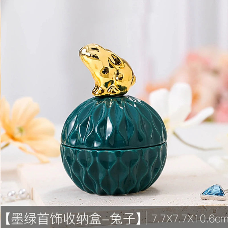 Nordic Dark Green Ceramic Animal Electroplating Ornaments Creative Girl Jewelry Ring Box Sealed Storage Box Hand Gift Mini Jar