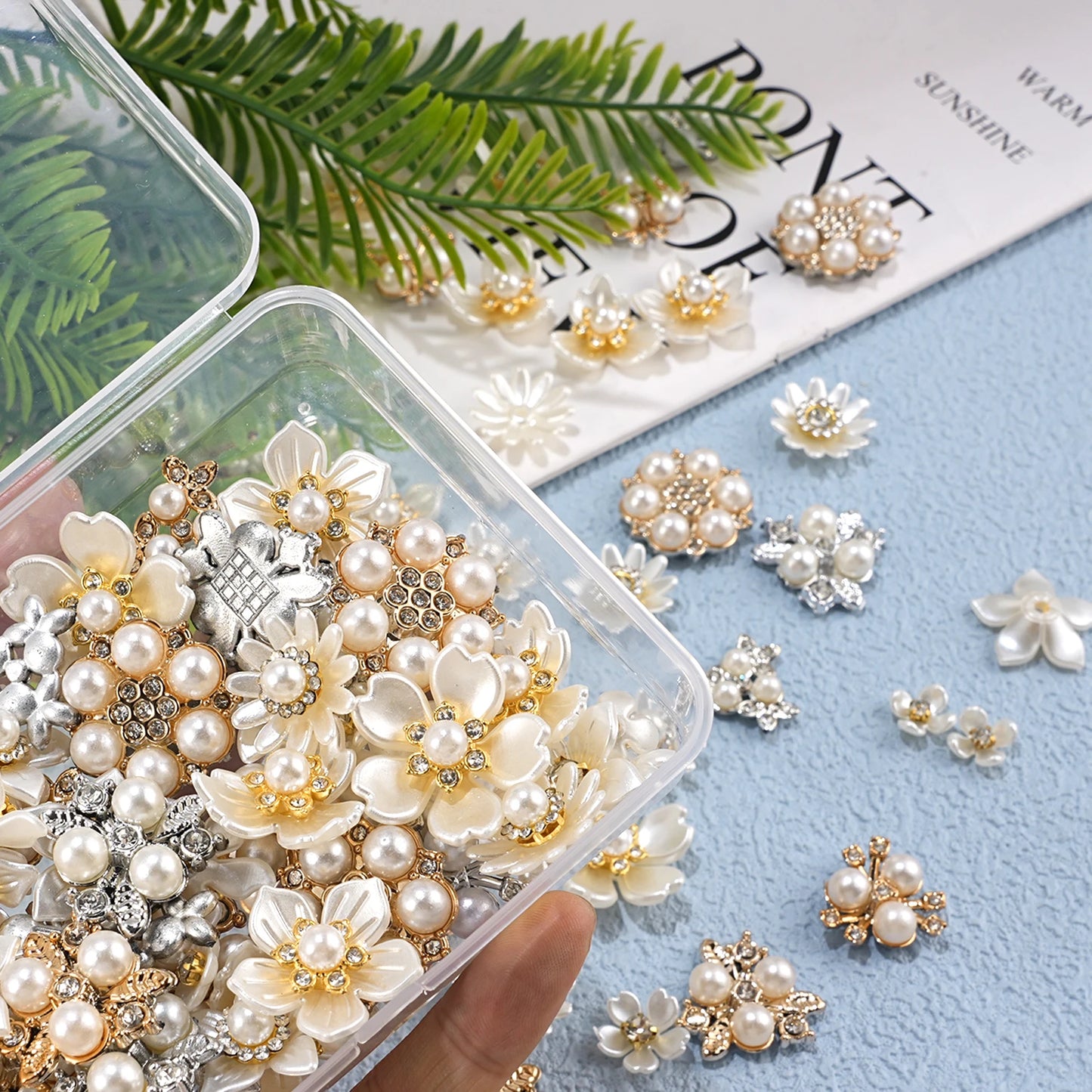 2025 New 2cm 50/57pcs with Diamond Pearl Flower, Imitation Diamond Button Hat Clothing Decoration Sewing Accessories, DIY Crafts