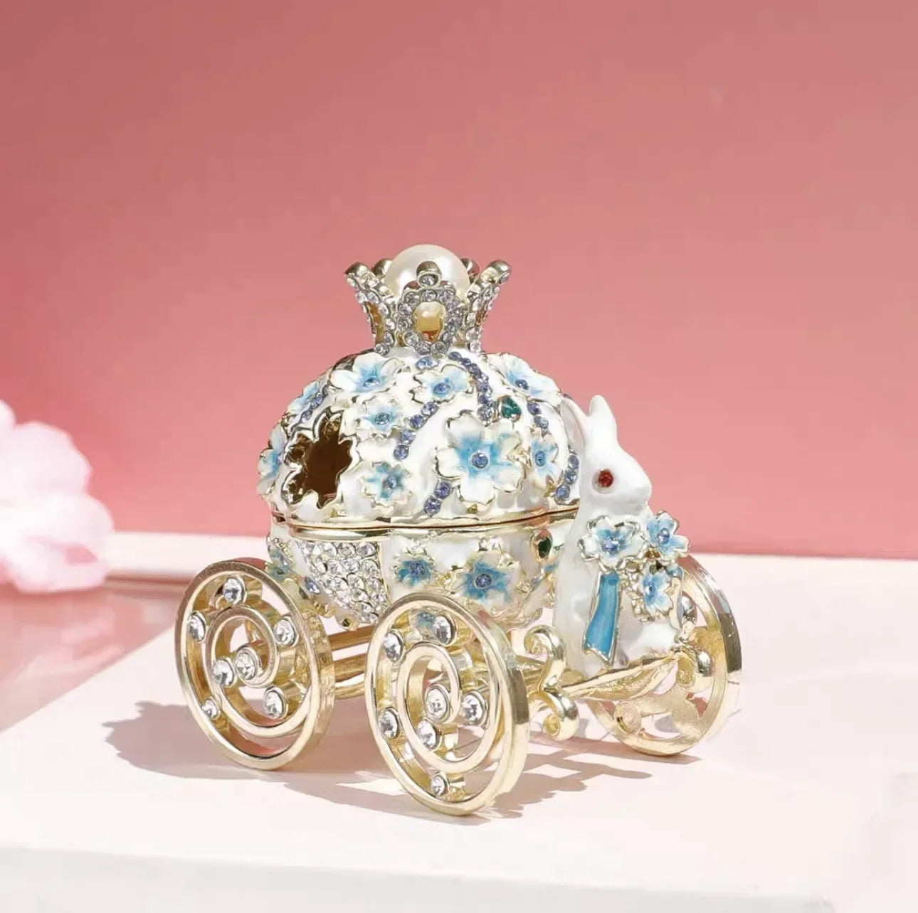 1Pcs Hand-painted Enamel Rabbit Carriage Jewelry Storage Box Alloy Box Desktop Decoration Gift Ornament Enamel Craft Ring Box