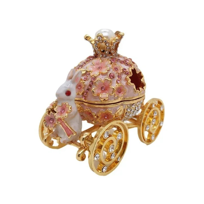 1Pcs Hand-painted Enamel Rabbit Carriage Jewelry Storage Box Alloy Box Desktop Decoration Gift Ornament Enamel Craft Ring Box