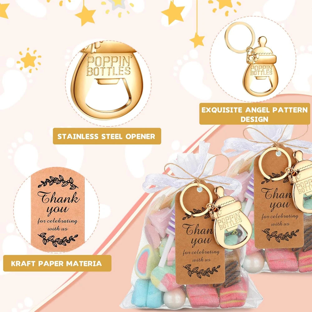 10 set baby shower gift set, bottle shaped opener with hard gauze bag commemorative keychain, thank you label themed party gift
