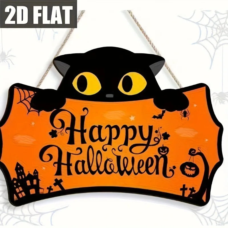 Black Cat Halloween Wooden Hanging Sign