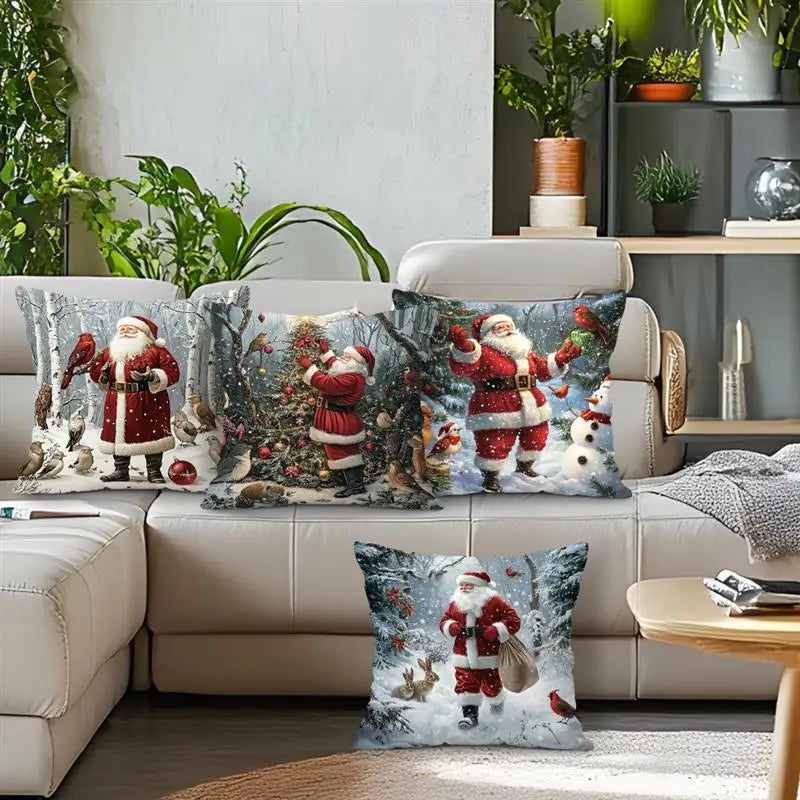 Home Decor Santa and Winter Wildlife Christmas Pillow Pattern Cushion Cover Suitable for Sofa Bedroom Car Pillow Cover