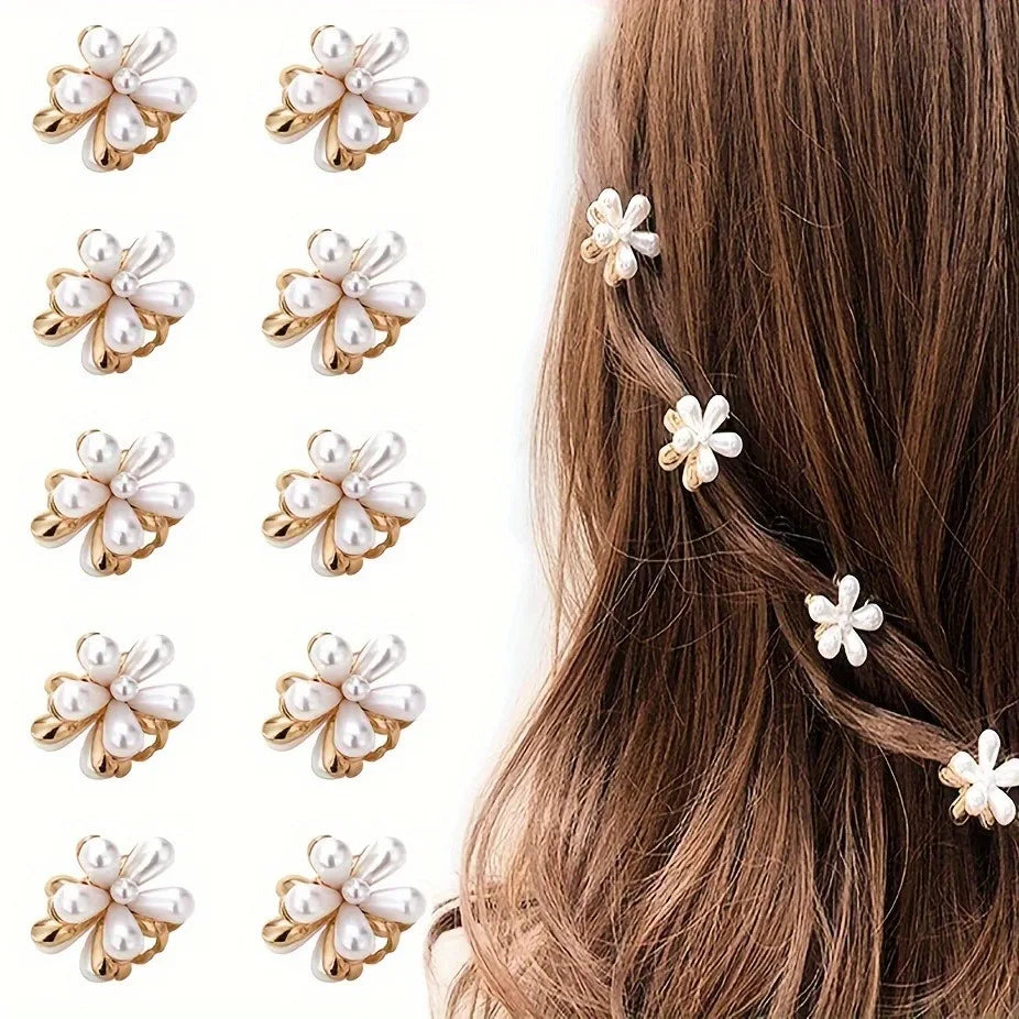 6pcs Elegant Bling Bling Rhinestone Flower Shaped Hair Grab Clips, Faux Pearl Decorative Hair Barrettes, Trendy Hair Decoration