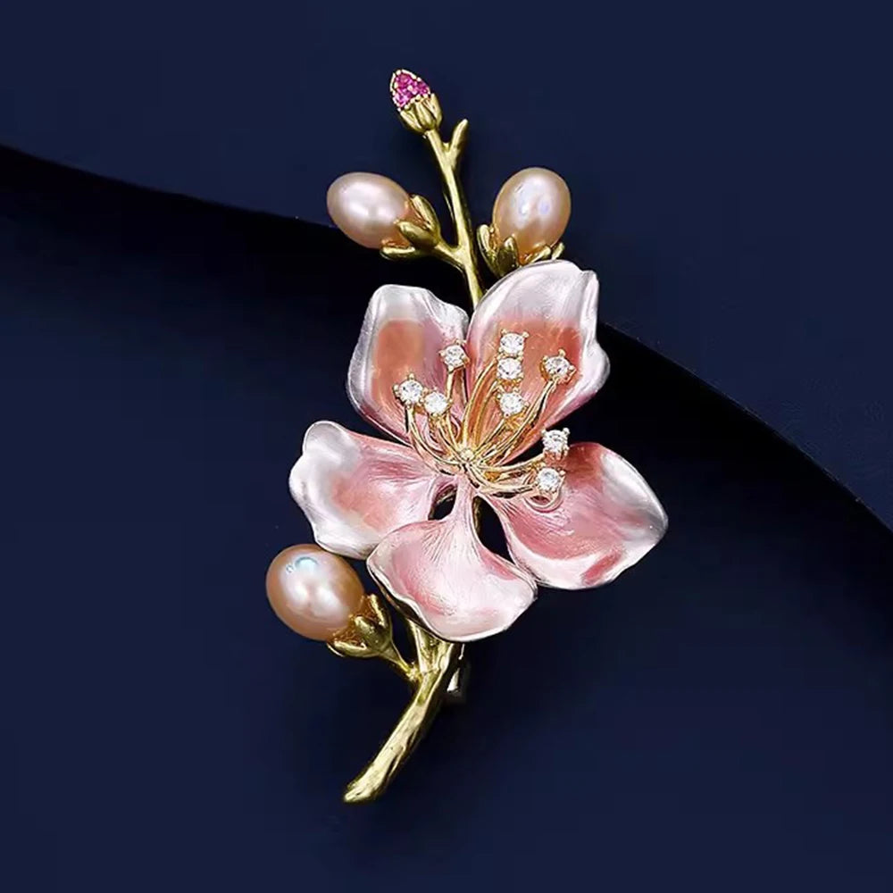 Enamel peach blossom brooch Exquisite Imitation Pearls Rhinestones Luxurious Elegant Design Chest Flower Women's Jewelry Gift