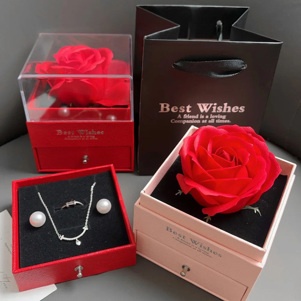 Rose Flower Gifts Box for Women Girlfriends New Fashion Valentine Jewelry Gift Ring & Necklace Gift Boxes Accessory Storage