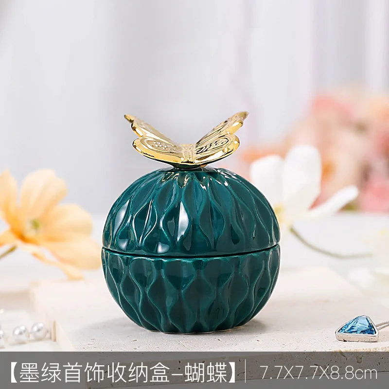 Nordic Dark Green Ceramic Animal Electroplating Ornaments Creative Girl Jewelry Ring Box Sealed Storage Box Hand Gift Mini Jar