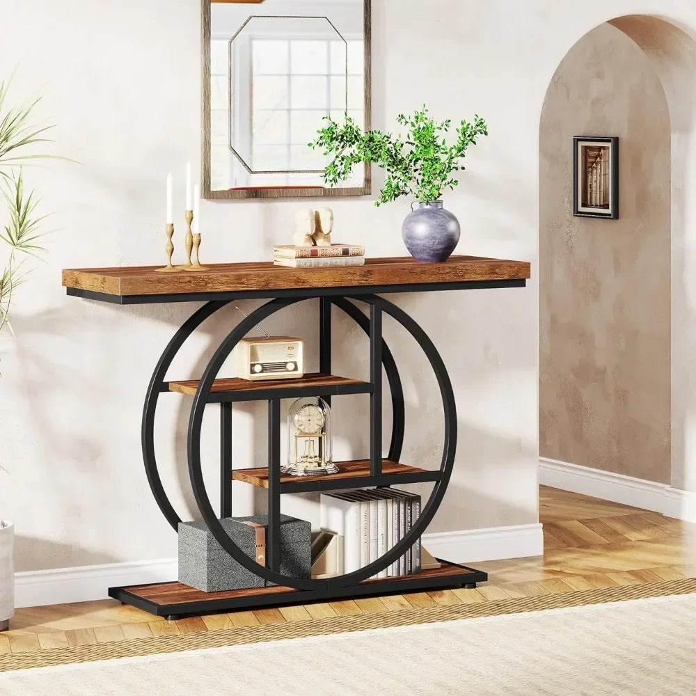 th 41.3" Console Table, Industrial 4-Tier Sofa Table Entryway Table with Circle Base, for Living Room, Hallway, Rustic Brown