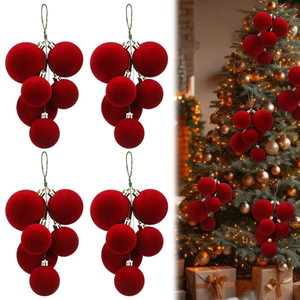 Flocked Velvet Christmas Tree Baubles Plastic Bauble Burgundy Festive Decor Balls Shatterproof DIY Hanging Ornament Balls