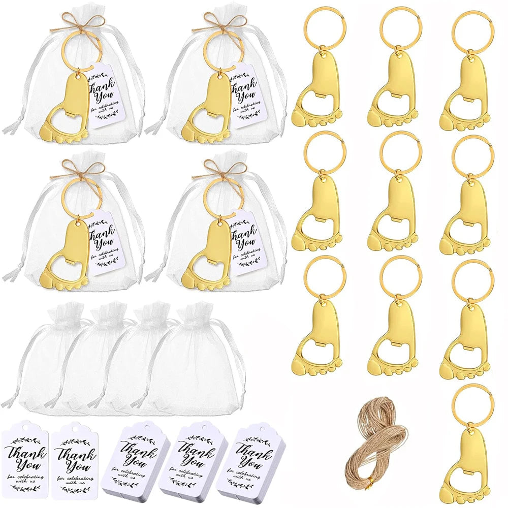 10 set baby shower gift set small foot bottle opener keychain souvenir with hard gauze bag thank you label themed party gift