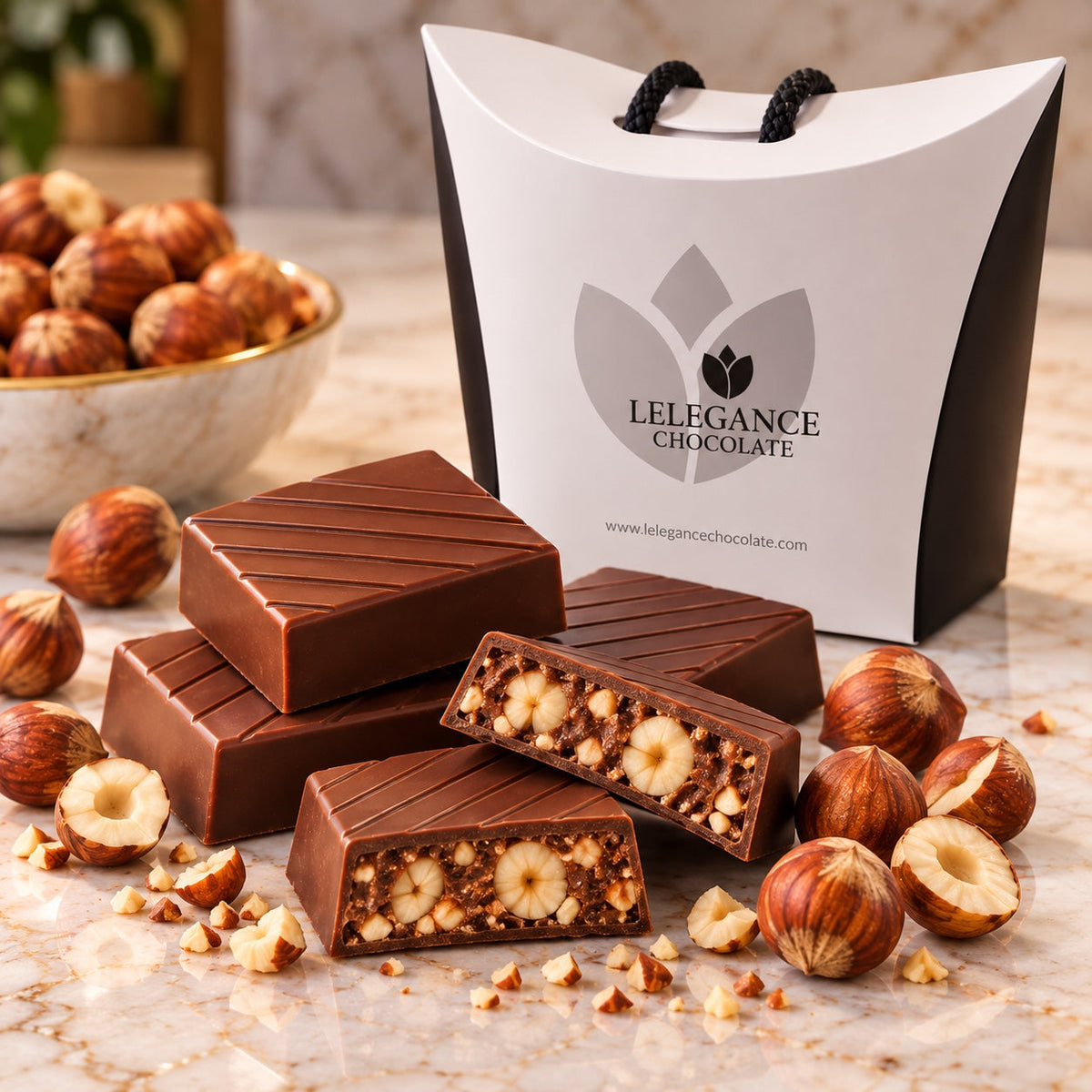 L’Élégance Belgian chocolate with roasted hazelnuts and gift packaging