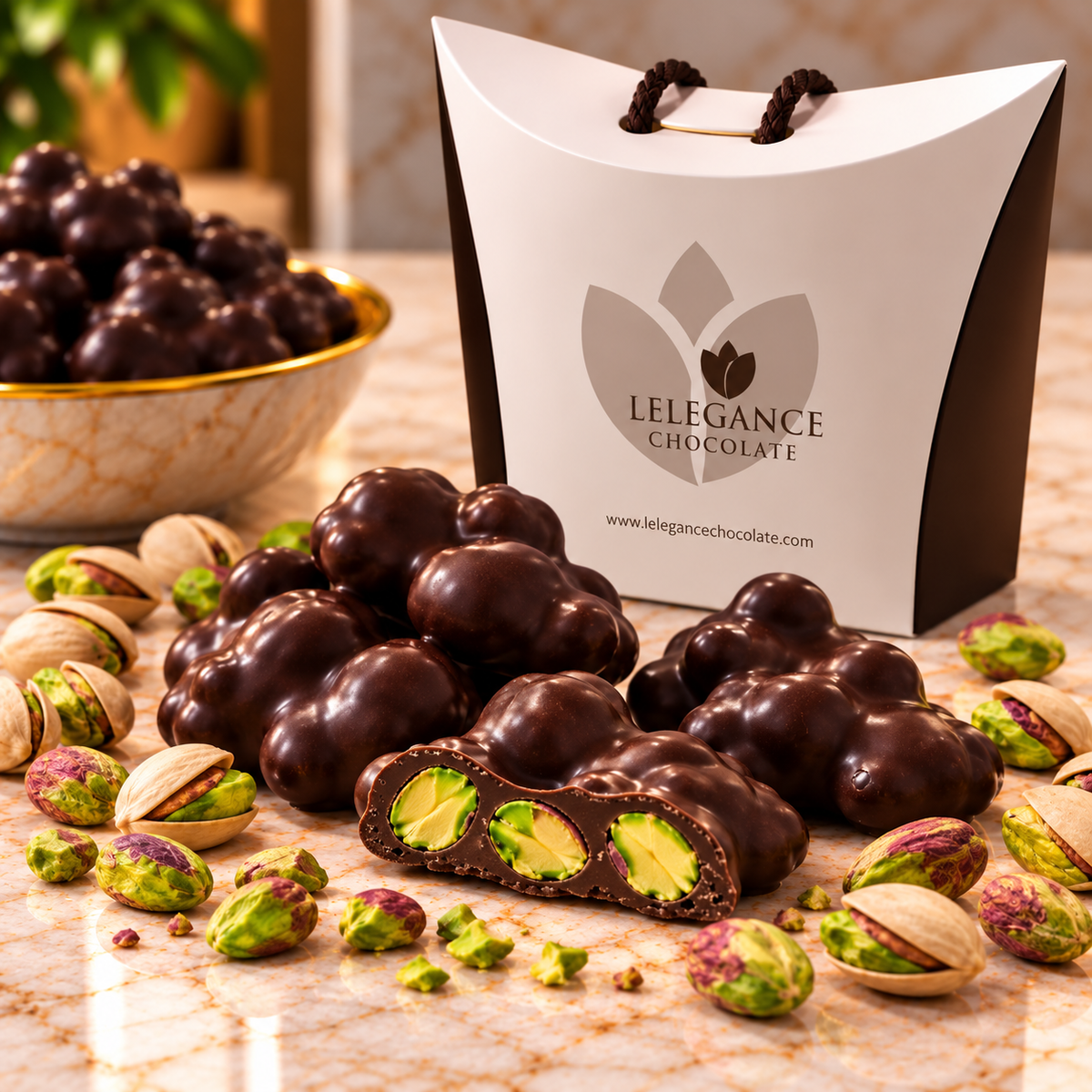 L’Élégance Belgian dark chocolate pistachio rochers made with whole roasted pistachios