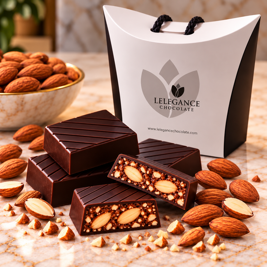 L’Élégance dark Belgian chocolate with roasted almonds and branded gift packaging