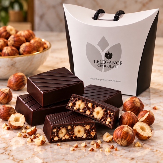 L’Élégance dark Belgian chocolate with roasted hazelnuts and gift packaging