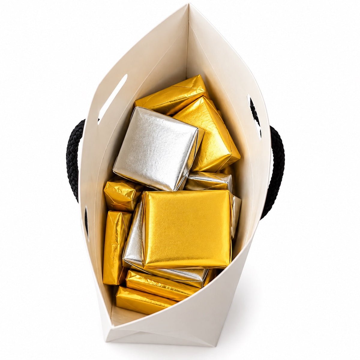 Gift bag containing gold and silver wrapped L’Élégance chocolates