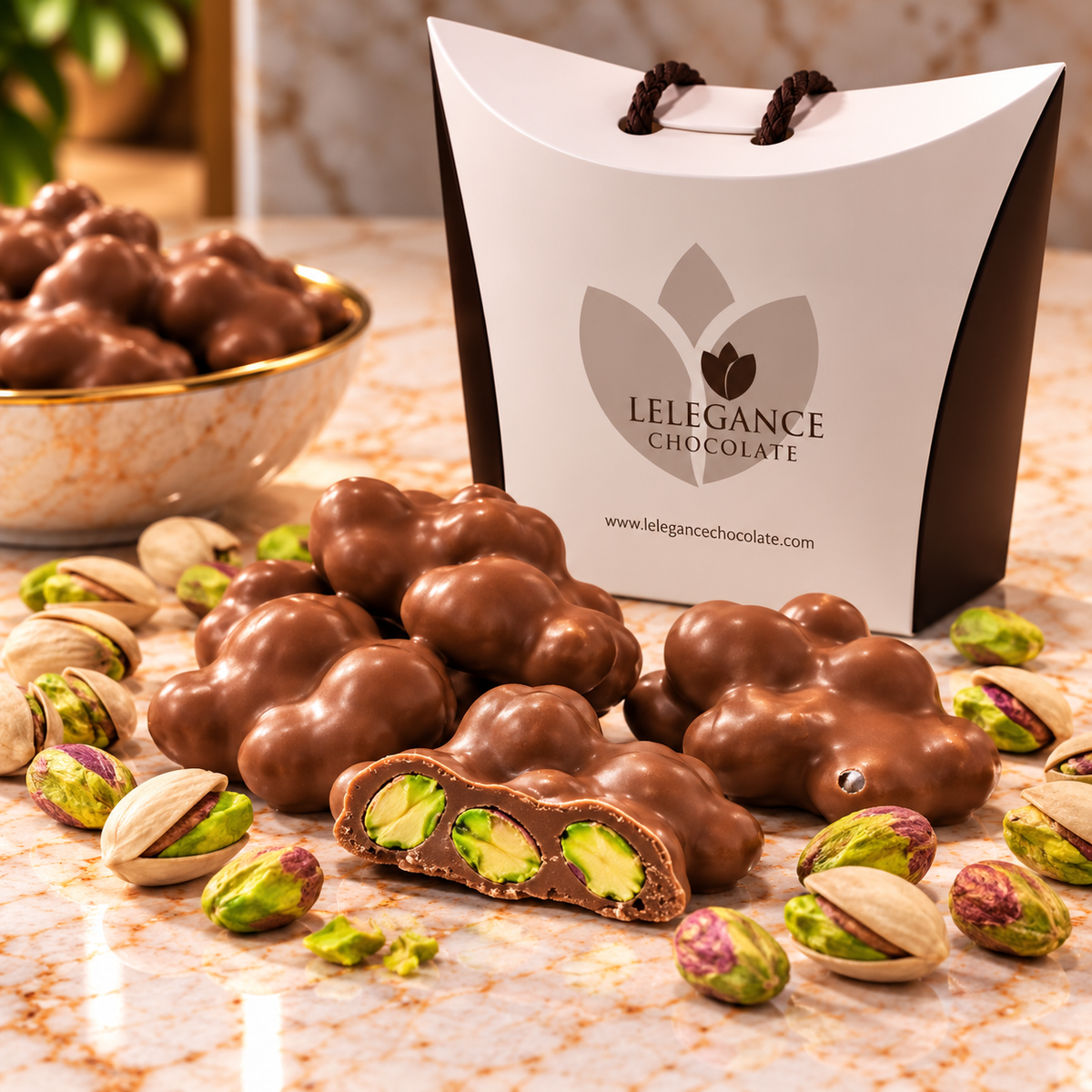 L’Élégance Belgian milk chocolate pistachio rochers made with whole roasted pistachios