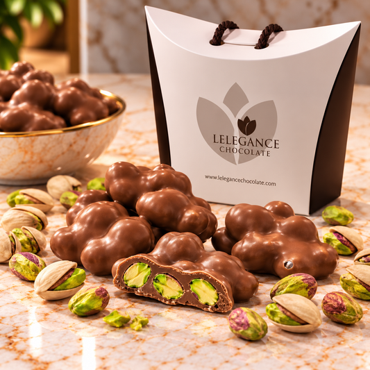 L’Élégance Belgian milk chocolate pistachio rochers made with whole roasted pistachios