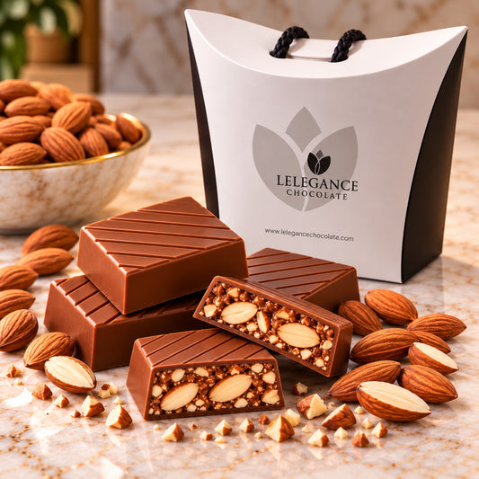 Milk Belgian chocolate with roasted almonds and L’Élégance gift packaging